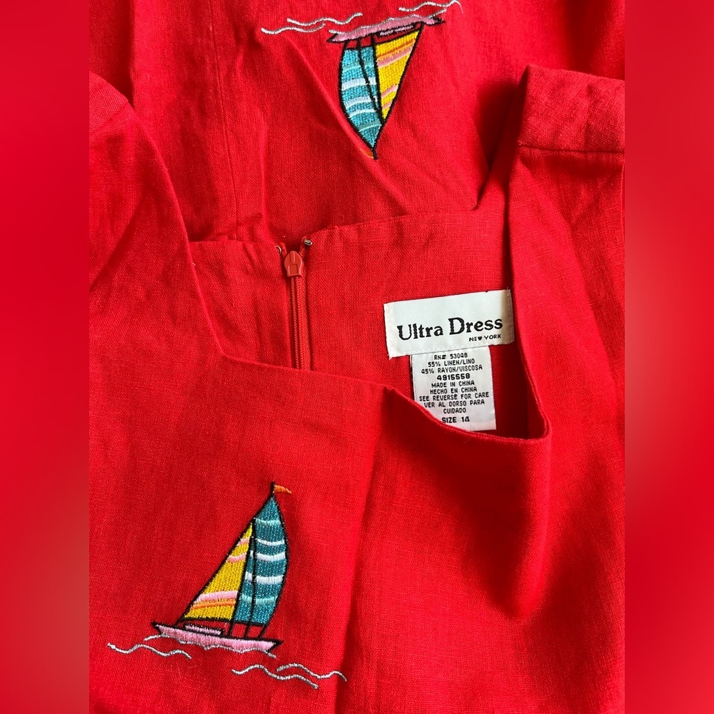 Vintage Ultra Red Sailboat Embroidered Linen Blend Sheath Dress Women’s Size 14 - Picture 12 of 14